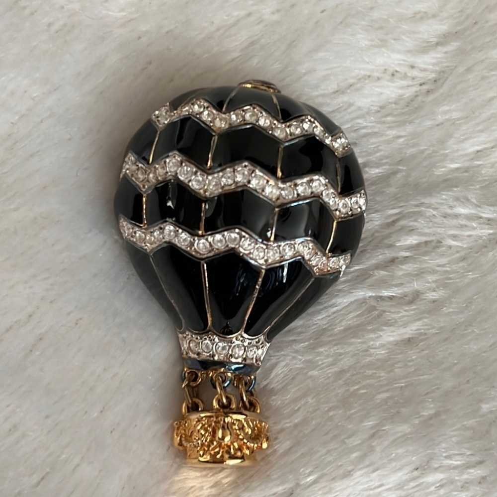 Vintage Black Enamel Hot Air Balloon Brooch with Crystal Accents